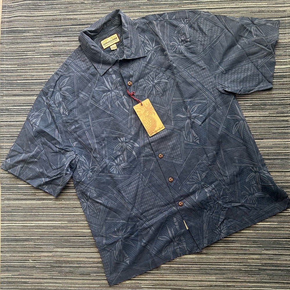 🆕Jamaica Jaxx Men's Size L 100% Silk Hawaiian Aloha Shirt in Blue